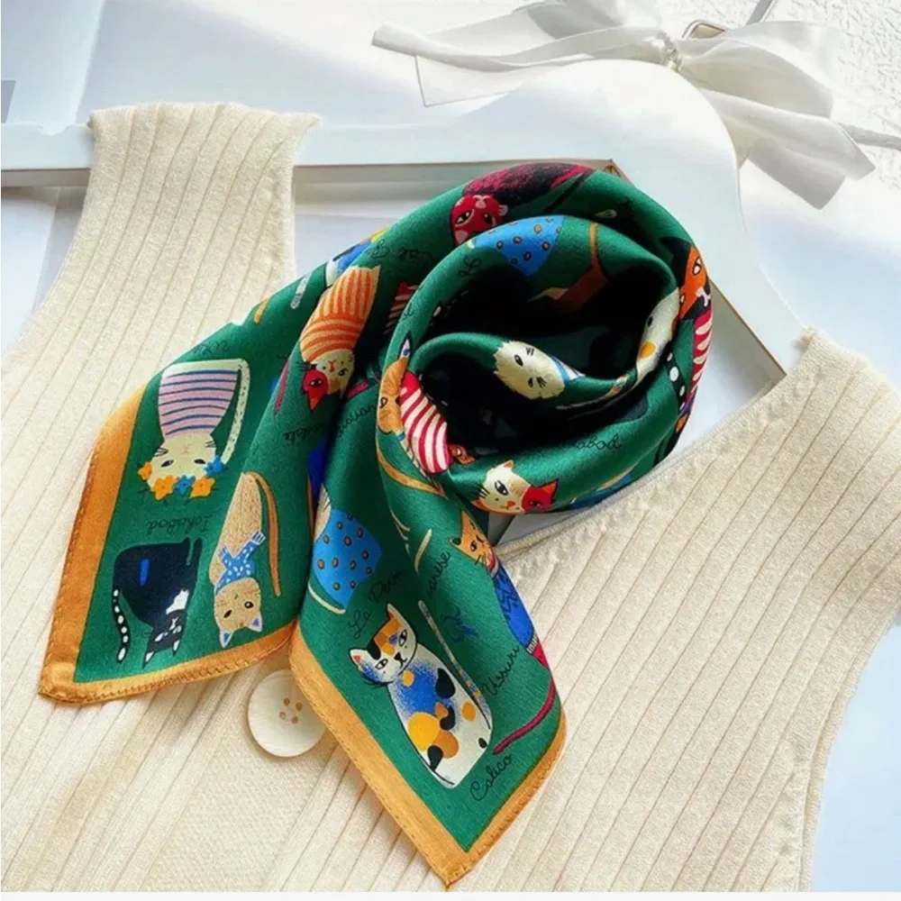 Cat Breeds Cartoon Whimsical Printed Square 27.5” Scarf, Green